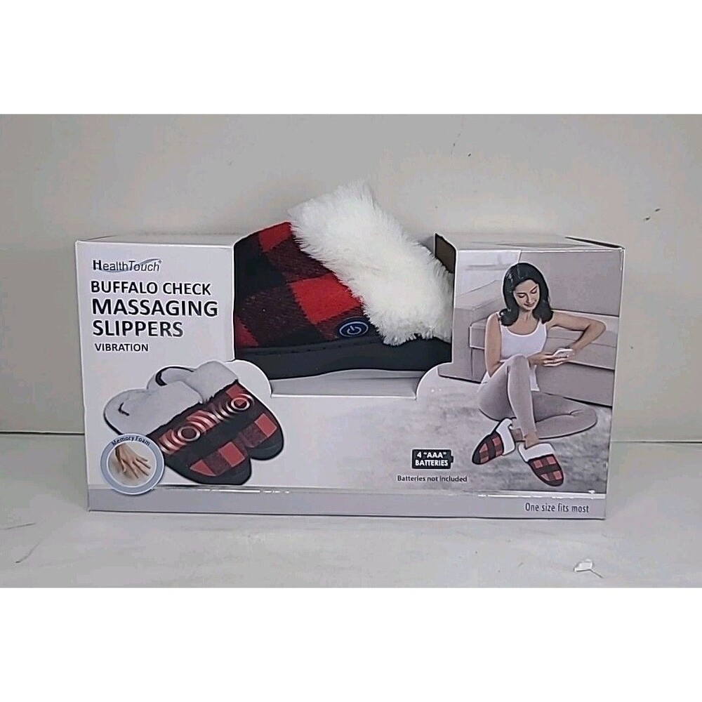 New Health Touch Buffalo Check Massaging Slippers. Vibration. One Size Fits Most